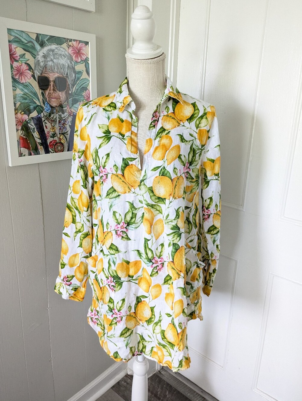 Forcynthia Beachwear 100% Linen Long Sleeveโ Tunic Top Sz Med. Lemons Boho Vacay